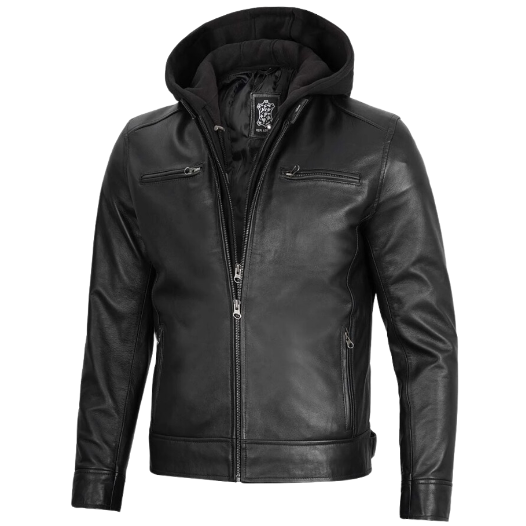 Men Black Motorcycle Hooded Leather Jacket