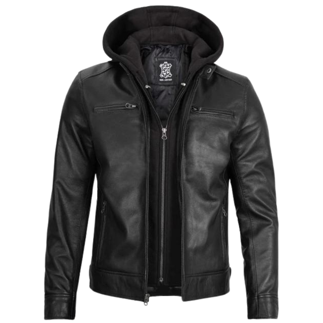 Men Black Motorcycle Hooded Leather Jacket