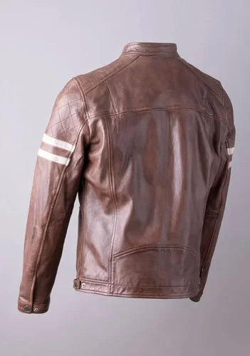 Men Cream Stripes Biker Leather Jacket