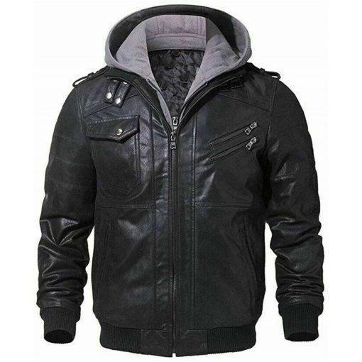 Men Biker Removable Hooded Leather Jacket