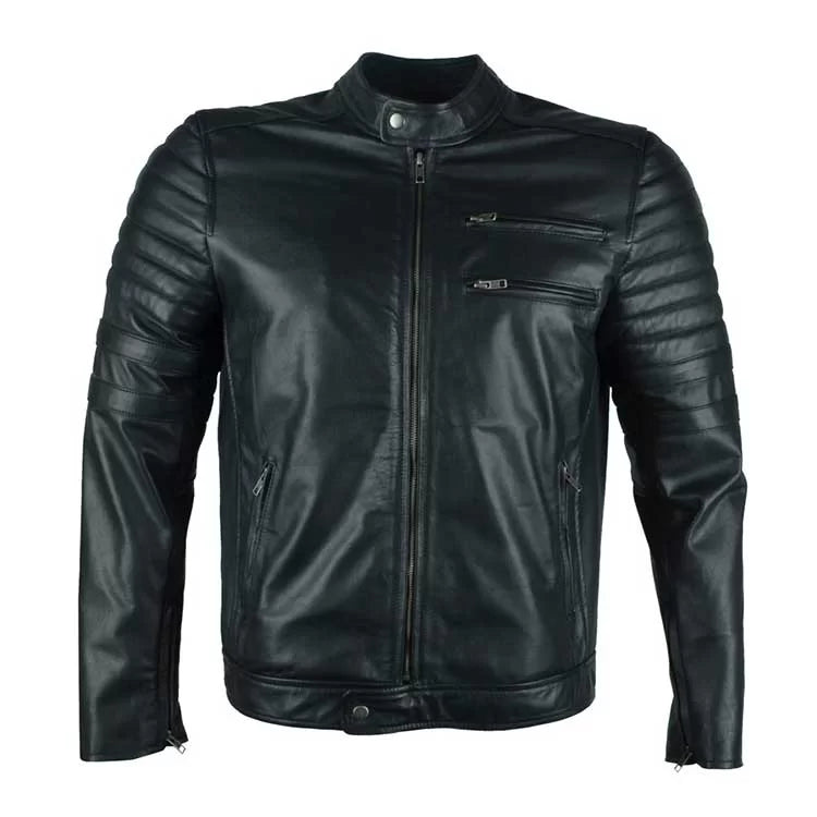 Men Biker Quilted Black Leather Jacket