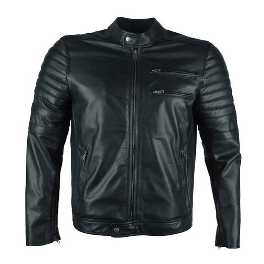 Men Biker Quilted Black Leather Jacket