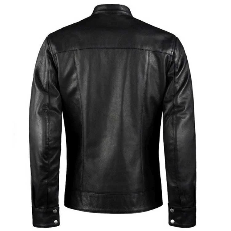 Men Black Biker Leather Jacket With Red Stripes