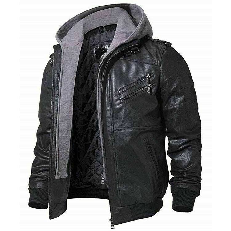 Men Biker Removable Hooded Leather Jacket