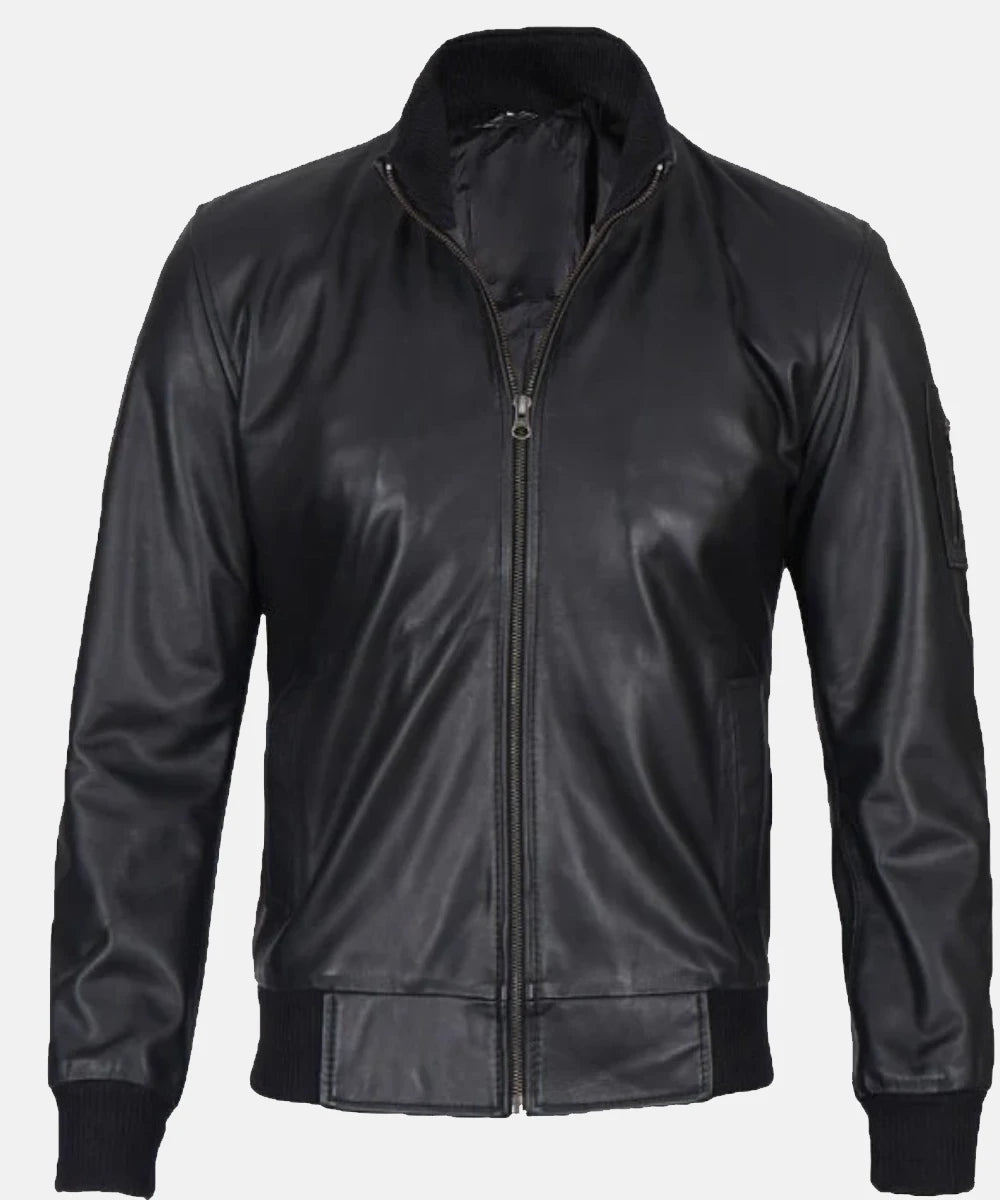 Maverick Black Leather Bomber Jacket
