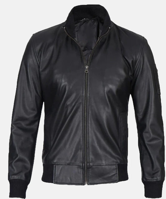 Maverick Black Leather Bomber Jacket
