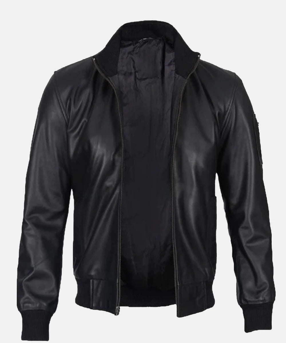 Maverick Black Leather Bomber Jacket
