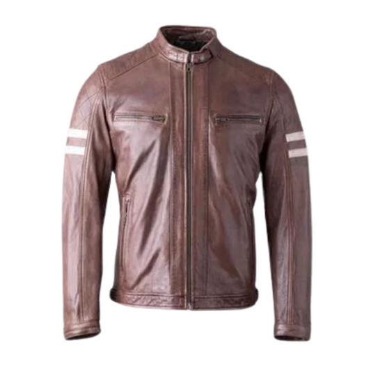 Men Cream Stripes Biker Leather Jacket