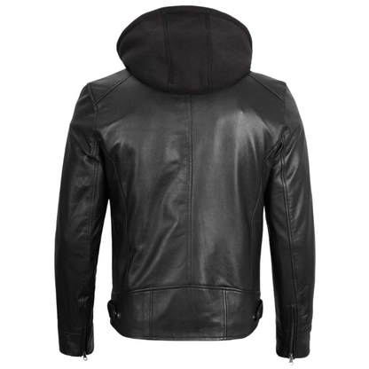 Men Black Motorcycle Hooded Leather Jacket