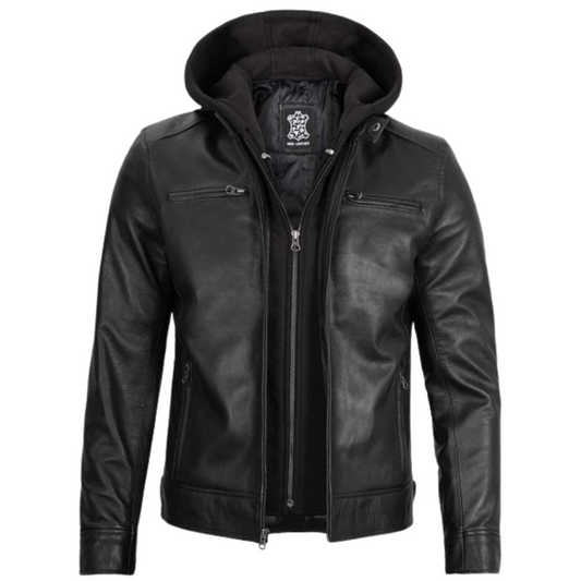 Men Black Motorcycle Hooded Leather Jacket
