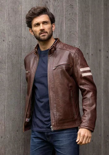 Men Cream Stripes Biker Leather Jacket