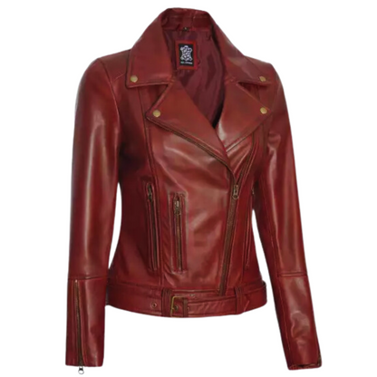 Women Maroon Biker Stylish Leather Jacket