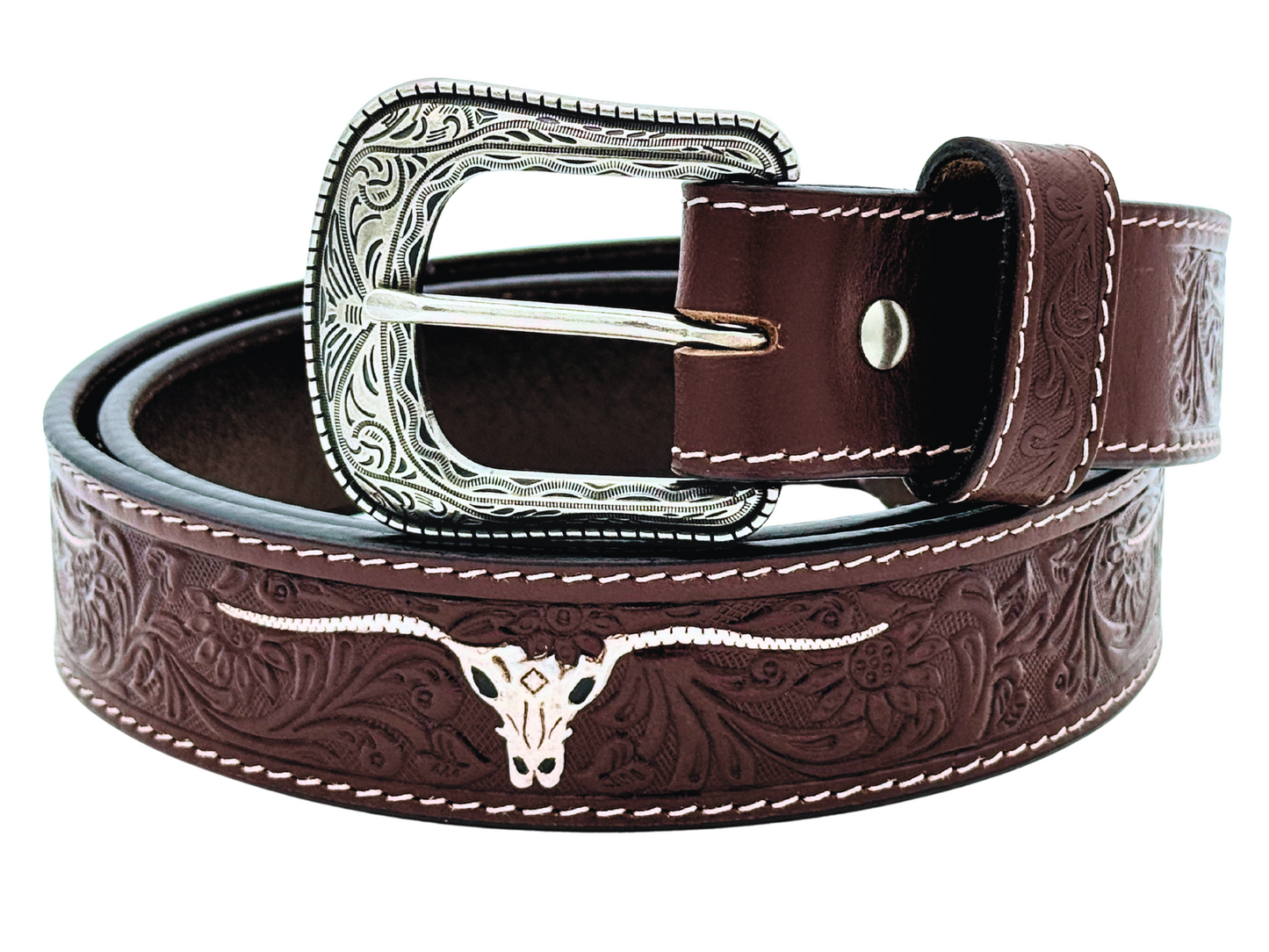 Western Tooled Leather Belt with Silver Buckle – Longhorn Design