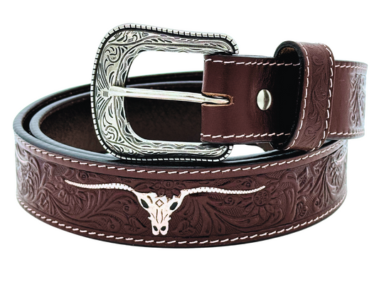 Western Tooled Leather Belt with Silver Buckle – Longhorn Design