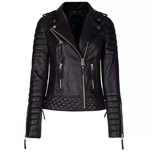 Women Black Diamond Quilted Leather Biker Jacket
