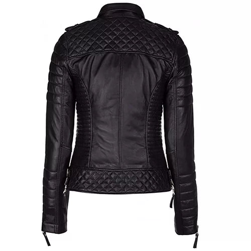 Women Black Diamond Quilted Leather Biker Jacket