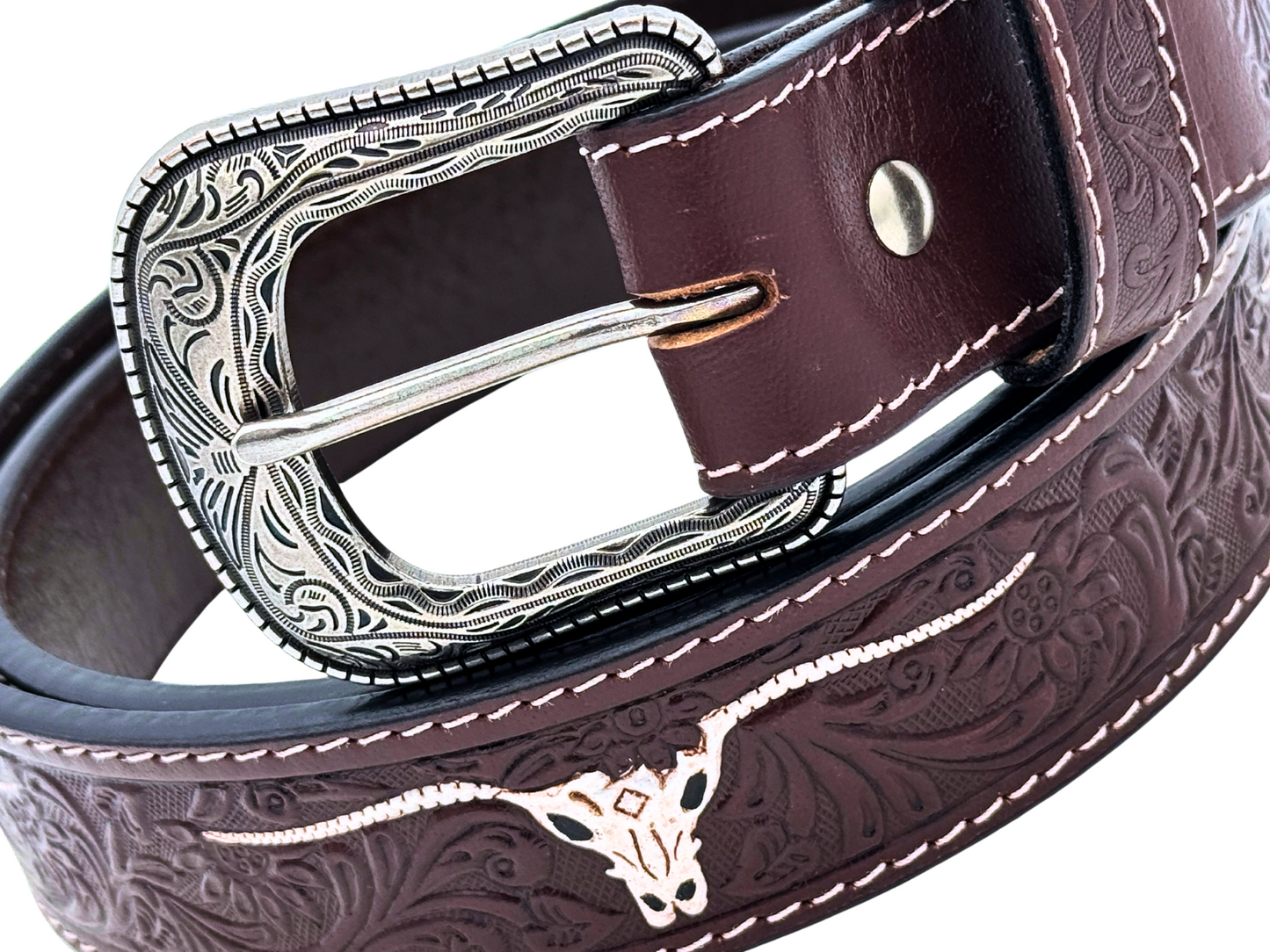 Western Tooled Leather Belt with Silver Buckle – Longhorn Design