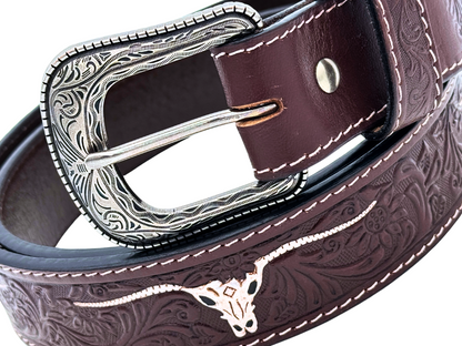 Western Tooled Leather Belt with Silver Buckle – Longhorn Design