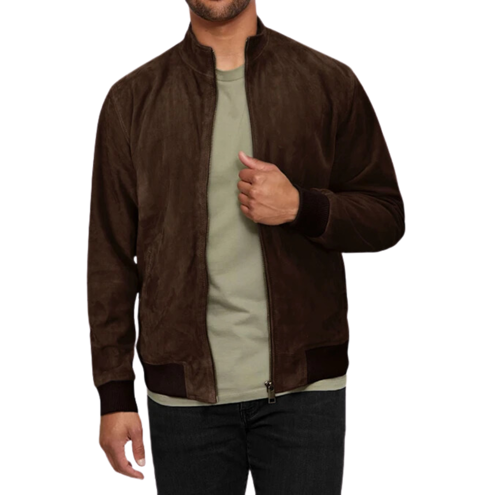 Mens Dark Brown Suede Bomber Jacket