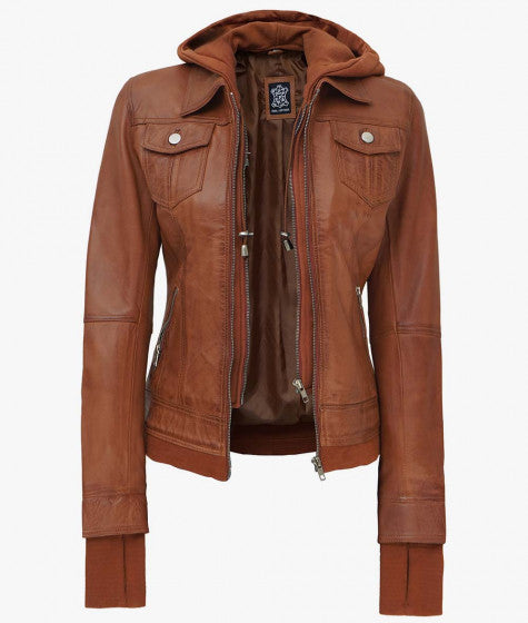 Women Ta Leather Hooded Bomber Jacket