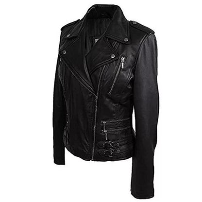 Women Black Biker Vintage Rock Style Leather Jacket