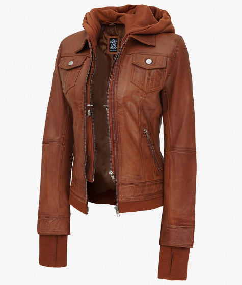 Women Ta Leather Hooded Bomber Jacket