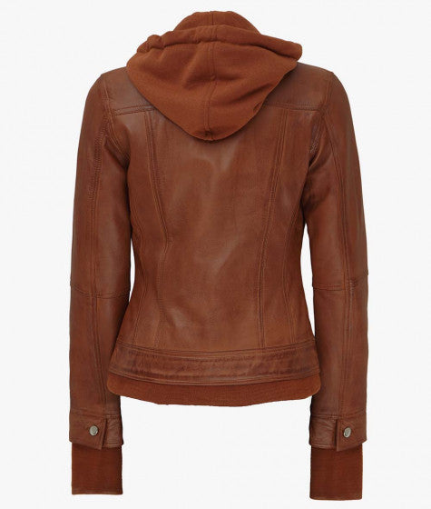Women Ta Leather Hooded Bomber Jacket