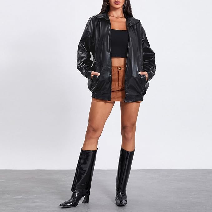 Vintage Oversized Leather Jacket with Zip-Up Detail - Women's Fall Fashion 2024