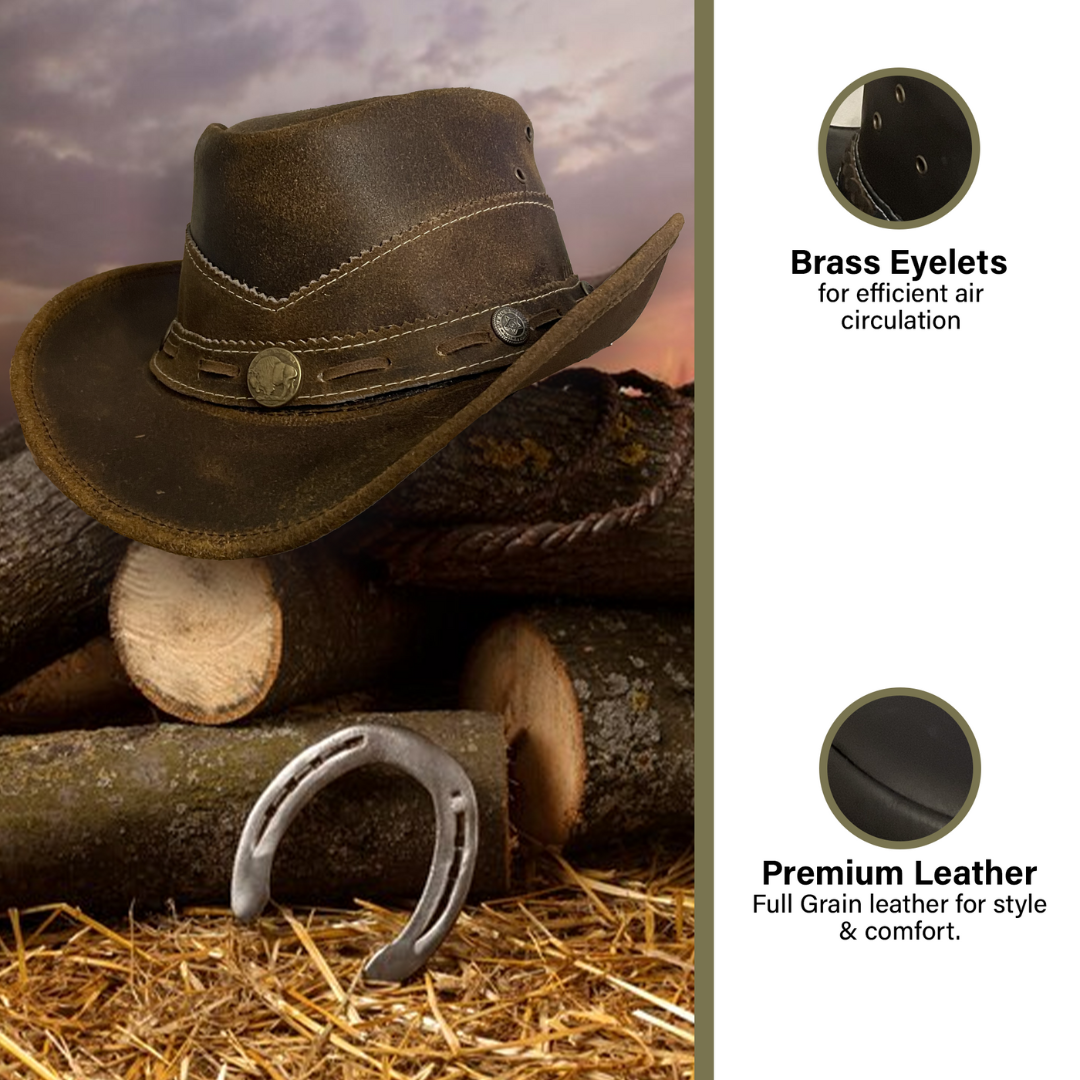 Premium Handcrafted Leather Cowboy Hat with Adjustable String - Classic Western Style