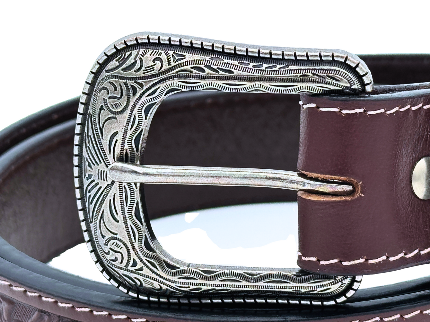 Western Tooled Leather Belt with Silver Buckle – Longhorn Design