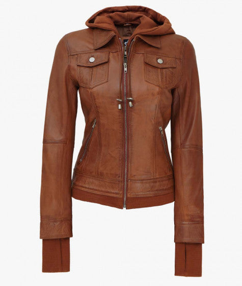 Women Ta Leather Hooded Bomber Jacket