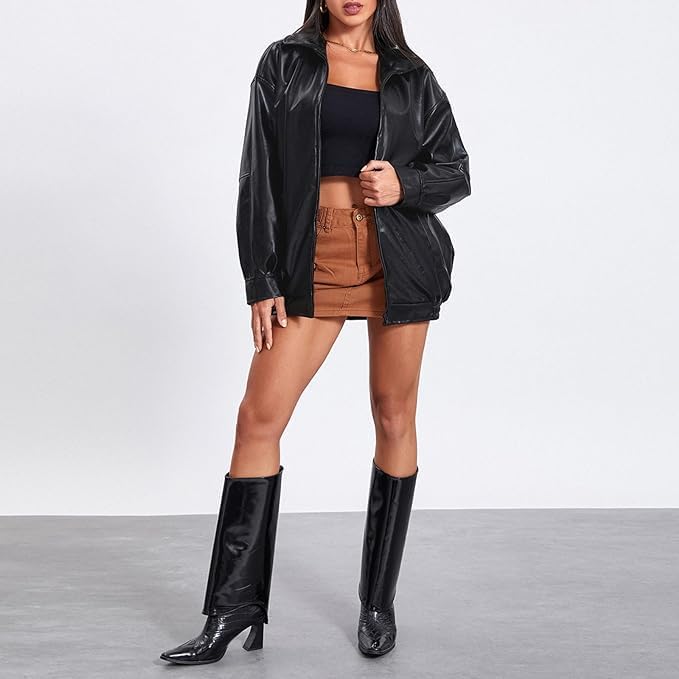 Vintage Oversized Leather Jacket with Zip-Up Detail - Women's Fall Fashion 2024