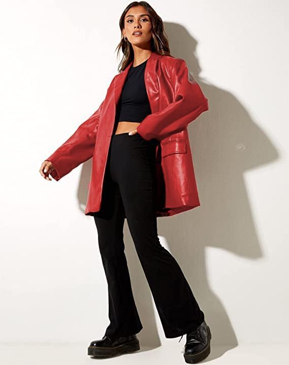 Women's Red Oversized Leather Jacket Blazer Button Down Lapel Coat Vintage Streetwear