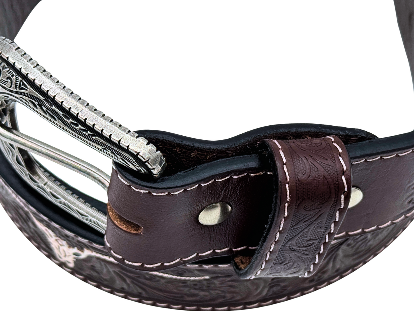 Western Tooled Leather Belt with Silver Buckle – Longhorn Design