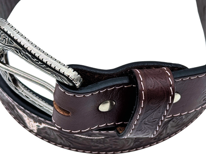 Western Tooled Leather Belt with Silver Buckle – Longhorn Design
