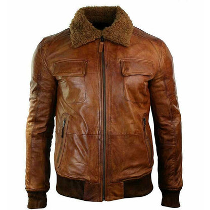 Men’s Brown Bomber Fur Collar Leather Jacket