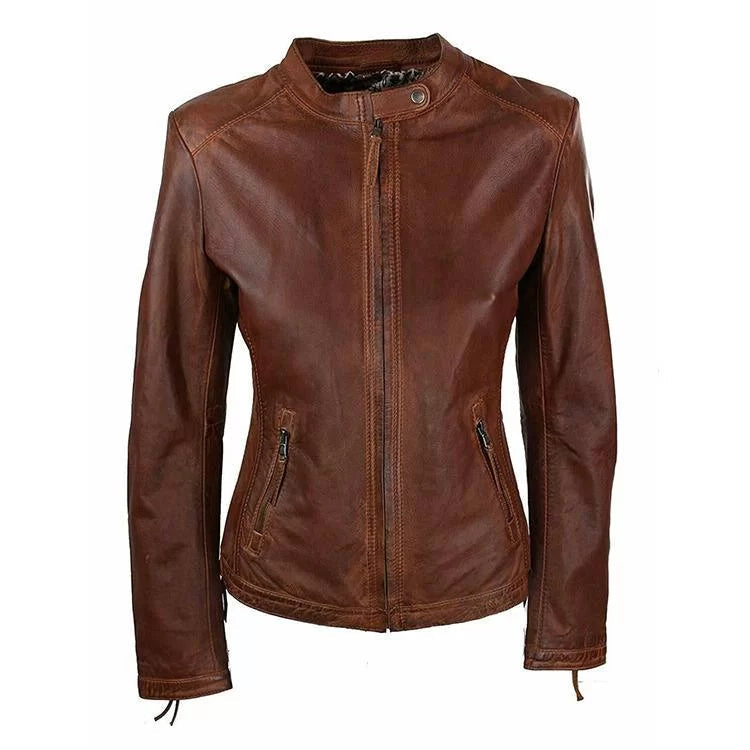 Women Vintage Brown Leather Biker Jacket