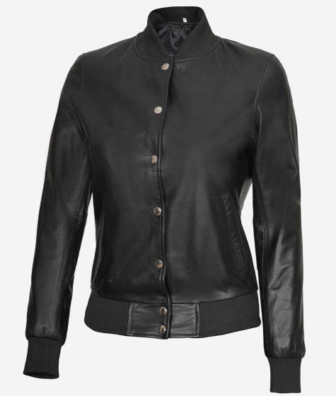 Women Black Leather Bomber Jacket