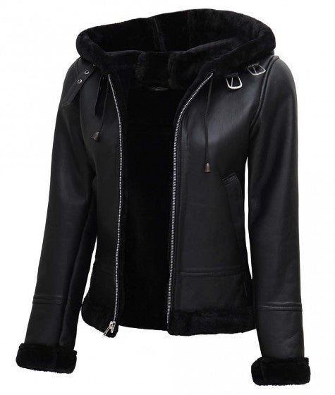 Women Shearling Hooded Leather Jacket
