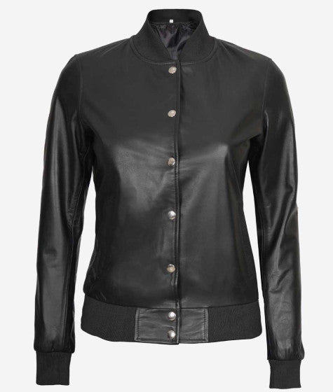Women Black Leather Bomber Jacket