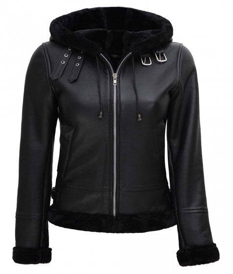 Women Shearling Hooded Leather Jacket