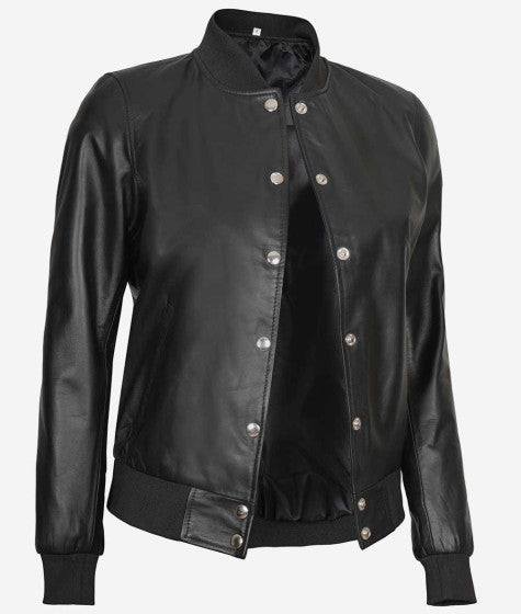 Women Black Leather Bomber Jacket