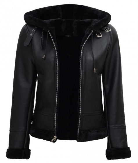 Women Shearling Hooded Leather Jacket