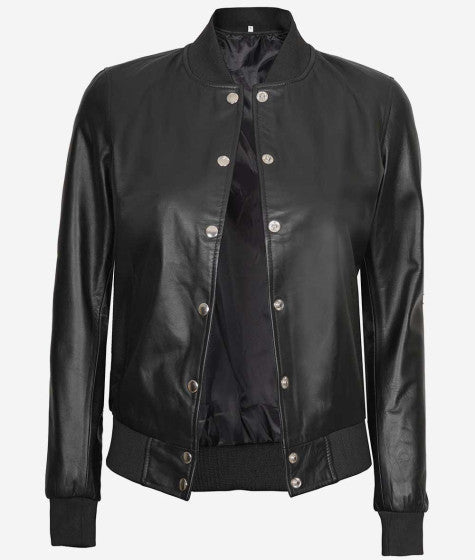 Women Black Leather Bomber Jacket