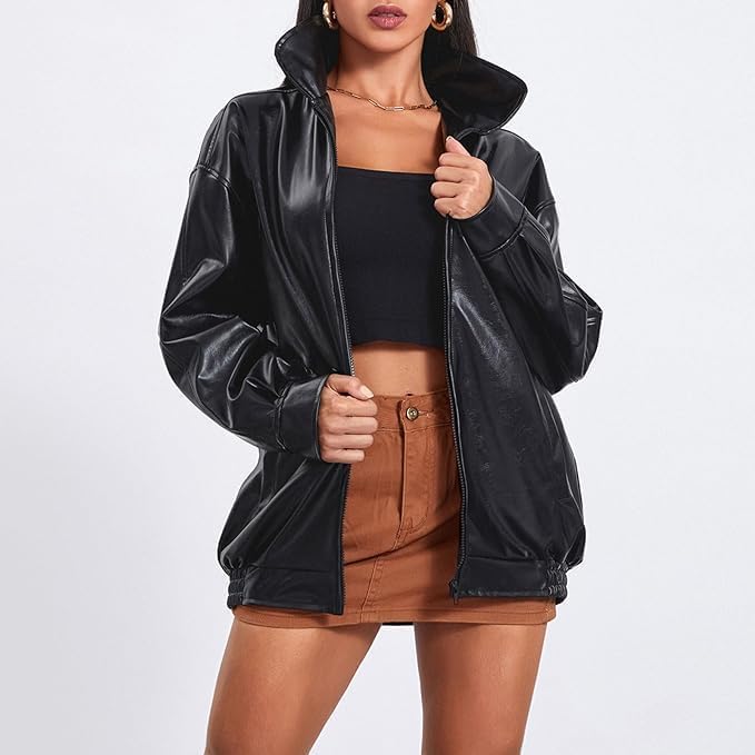 Vintage Oversized Leather Jacket with Zip-Up Detail - Women's Fall Fashion 2024