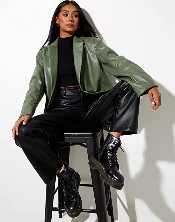 Women's Green Leather Jacket Oversized Leather Blazer Button Down Lapel Coat Vintage Streetwear