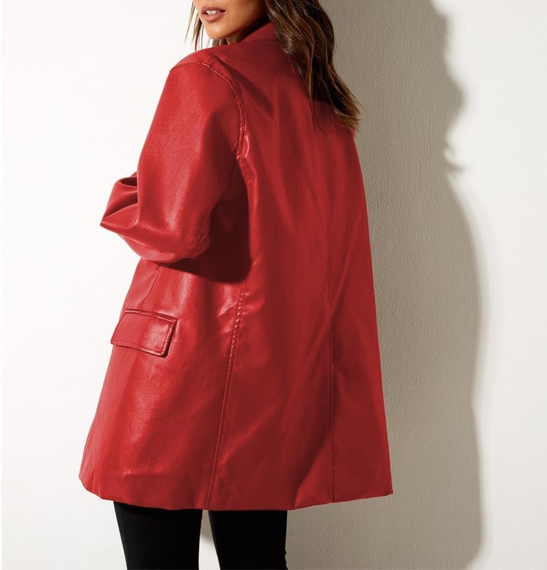 Women's Red Oversized Leather Jacket Blazer Button Down Lapel Coat Vintage Streetwear