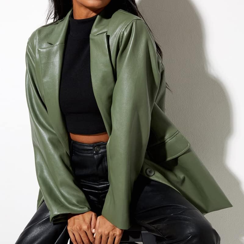 Women's Green Leather Jacket Oversized Leather Blazer Button Down Lapel Coat Vintage Streetwear