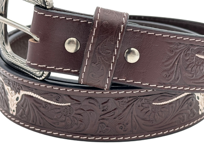 Western Tooled Leather Belt with Silver Buckle – Longhorn Design