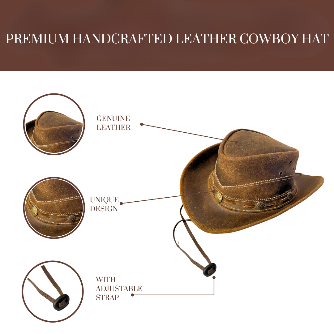 Premium Handcrafted Leather Cowboy Hat with Adjustable String - Classic Western Style